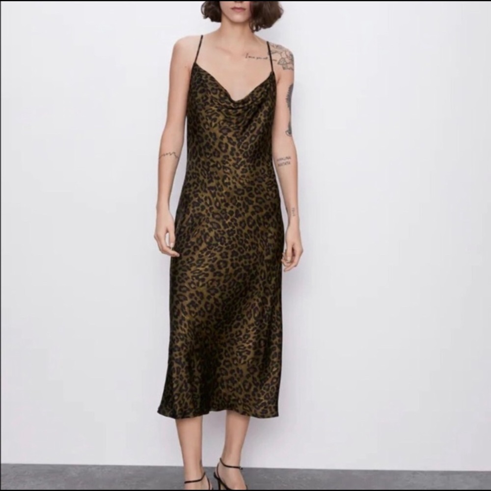 Zara slip dress leopard print with cowl neck